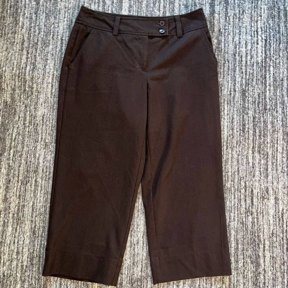 Worthington‎ Stretch Womens Cropped Pants Sz 4 Brown Flat Front Wide Leg Career